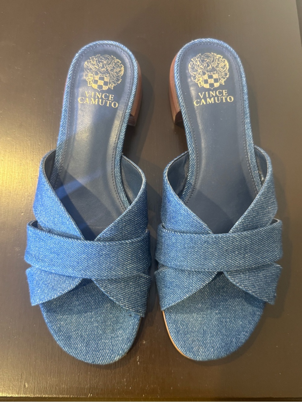Vince Camuto Denim Blue Crisscross Slide Mules